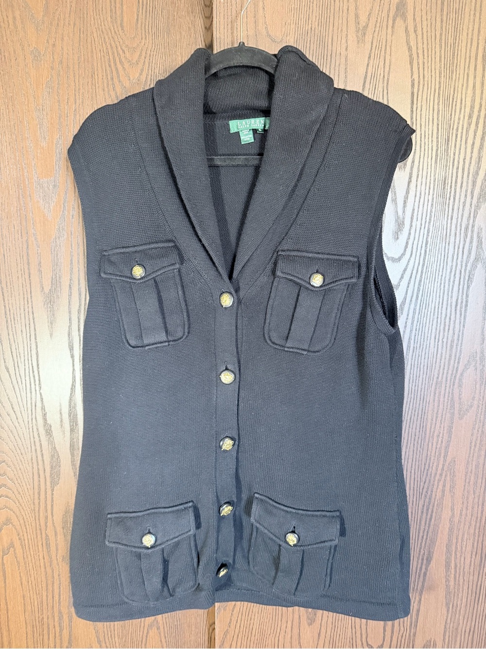 Ralph Lauren Black Knit Buttoned Vest with Gold Accents